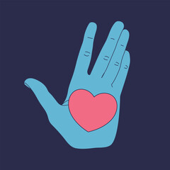 Hand holding a heart on open palm. Hand with a heart on blue background. Vector illustration