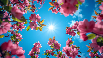 Pink flowers and a blue sky with sun in the middle on the background.