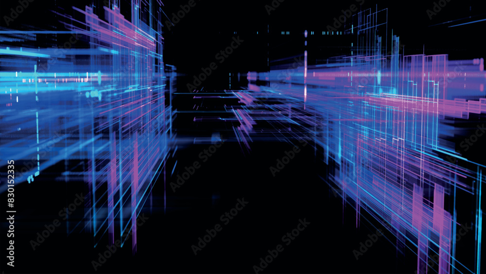 Poster abstract techno background. three-dimensional composition of intersecting multi-colored grids. infor