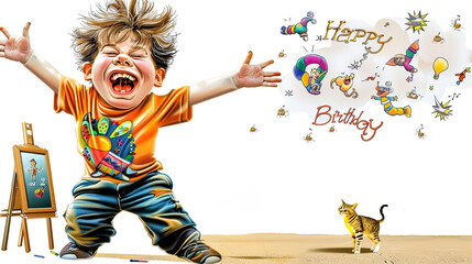 Happy boy with cat on the background with happy birthday lettering.