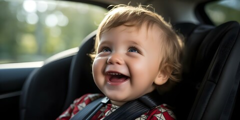 Secure and Happy Toddler in Car Seat. Concept Car Safety, Child Development, Parenting Tips, Toddler Transportation
