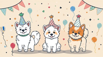 Naklejka premium Three cute puppies celebrate a party with colorful hats, balloons, and festive decorations. Adorable illustration for kids and pet lovers.