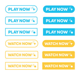 Play Now and Watch Now Web Buttons simple outline style vector. Hand clicking and pointer icon symbol