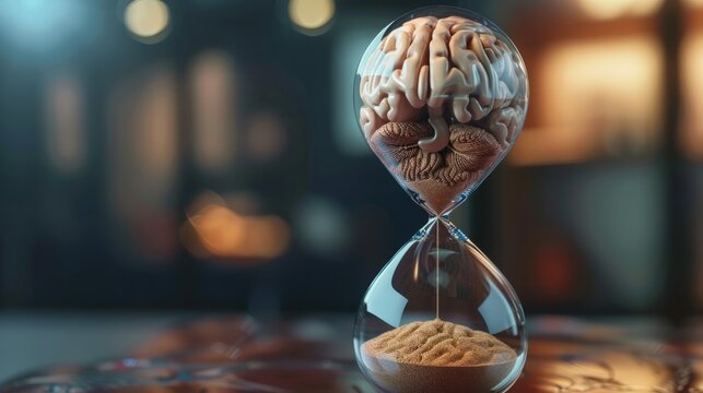 Human brain in hourglass, medical and psychology concept, brain aging, memory loss, Alzheimer's disease, mental health, thinking process, lifetime. Time is running, flow of time, passing countdown.