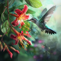 Naklejka premium Hummingbird flying to pick up nectar from a beautiful flower. Digital artwork Job ID: b98e1ed9-623d-4e7a-a880-dd84496c7a72