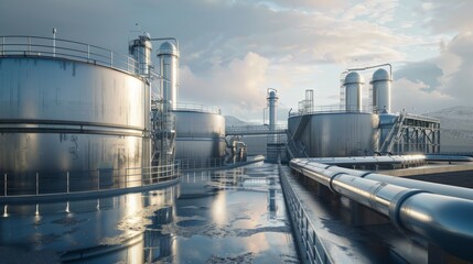 Obraz premium Hydrogen power plant, large steel tanks and pipes, wide angle photo. Clean H2 energy concept as imagined by Generative AI