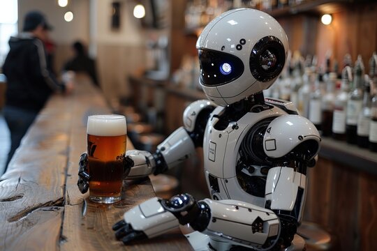 Advanced humanoid robot with one blue eye, serving a pint of beer at a wooden bar counter