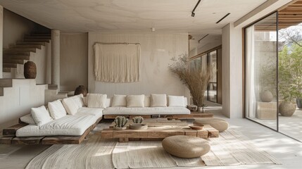 Reclaimed wood furniture and organic fabrics bring a touch of the outdoors into this minimalist living room. The clean lines and natural textures create a calming and contemporary space