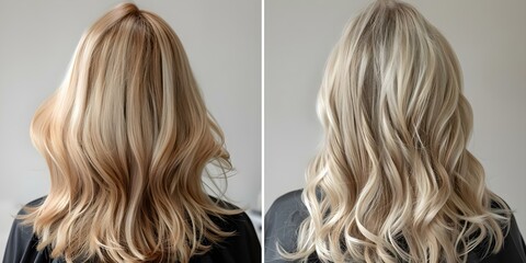 Transformation of a Blonde Woman's Hair: Before and After Salon Visit. Concept Hair Color Change, Beauty Makeover, Professional Hairstyling, Salon Transformation, Blonde Hair Care