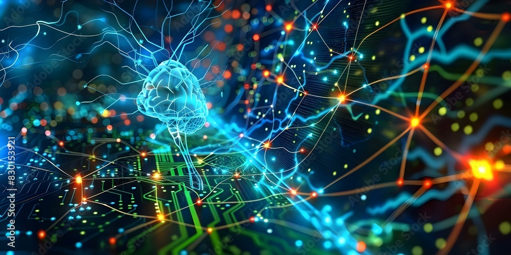 Poster exploring the intricacies of a circuit board with artificial intelligence components and neuronal ne
