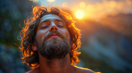 A man with a beard and long hair eyes closed is smiling with your head up. Concept of peace and relaxation, as the man is enjoying the warmth of the sun on his face