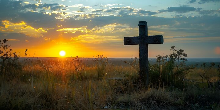 Easter Sunday Sunrise Service: Cross and Sun Rising. Concept Religious Event, Sunrise Service, Easter Celebration, Cross Symbol, Resurrection Day
