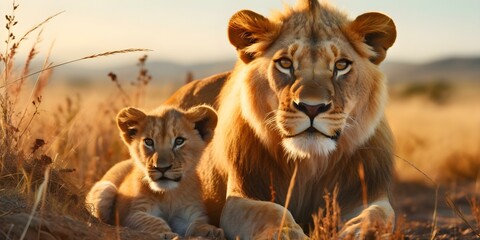 Protecting Wildlife Together: Lion Family Resting in Savanna Grassland. Concept Wildlife...