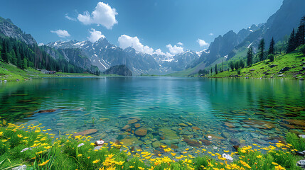 enchanting image of Ratti Gali Lake emerald green water surrounded snowcapped peak alpine meadow Neelum Valley Azad Kashmir lake's remote location pristine beauty make hidden gem adventurous traveler 