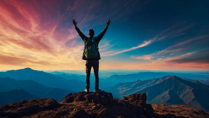 A lone person stands on top of a big mountain with hands towards the sky as to celebrate their achievement