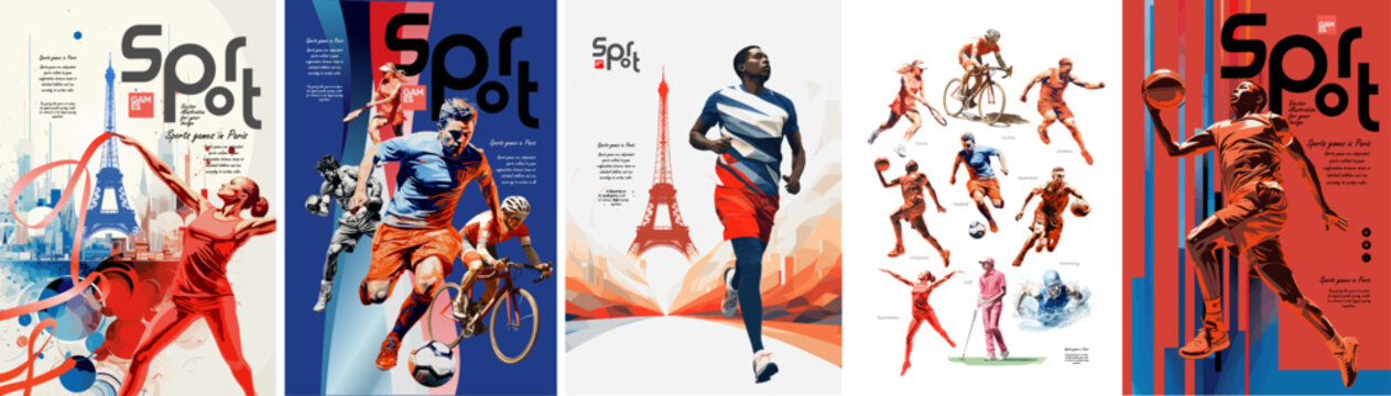 Sport Summer Games Vector illustrations of sports : football, rhythmic gymnastics, athletics, running, basketball, volleyball, tennis, boxing, cycling, swimming, golf for poster