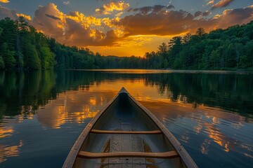 A canoe is floating on a lake at sunset