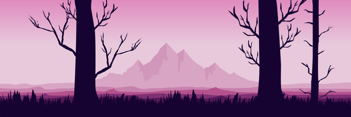sunrise in the mountains silhouette flat design vector illustration for background, banner, backdrop, tourism design, advertising and business