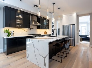 Fototapeta premium A modern kitchen with black and white cabinets, an island in the center with a marble counter top, three bar stools, stainless steel appliances, natural wood floor, bright lighting, minimalistic style