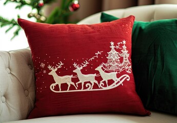 Elegant Christmas Décor: Red Pillow with White Embroidered Reindeer and Sleigh Design Featuring Santa Claus on Beige Background, Resting on a Sofa with Green Pillows