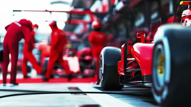 Red Formula One Race Car . Pit Crew Servicing Vehicle in the Pit Lane. Blurred Pit Crew in Background. Speed  and Sport Concept Video. Mechanics in Red Jumpsuits 