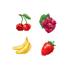 raspberry, banana, strawberry, cherry pixel art icon ыке. Funny berry isolated vector illustration. 8-bit. Design stickers, logo, app, embroidery.