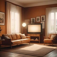 Modern living room interior design with minimalist trend furniture, vintage style, augmented...