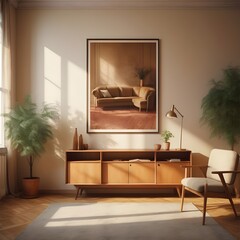 Modern living room interior design with minimalist trend furniture, vintage style, augmented...