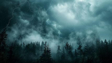Obraz premium A photographic style of a sky environment, stormy sky with dark, dramatic clouds and lightning bolts, over a dense forest. The forest is barely visible through the rain. High tension atmosphere.