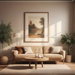 Modern living room interior design with minimalist trend furniture, vintage style, augmented...
