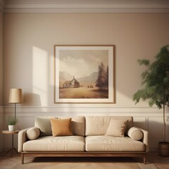 Modern living room interior design with minimalist trend furniture, vintage style, augmented reality, mockup,