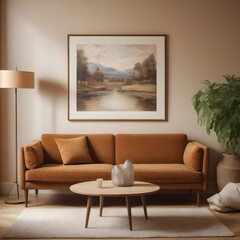 Modern living room interior design with minimalist trend furniture, vintage style, augmented reality, mockup,