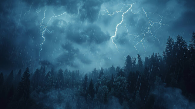 A photographic style of a sky environment, stormy sky with dark, dramatic clouds and lightning bolts, over a dense forest. The forest is barely visible through the rain. High tension atmosphere.