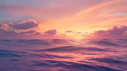 Fototapeta premium A photographic style of a sky and sea environment, vibrant sunset over a calm ocean, with a mix of orange, pink, and purple hues in the sky. Gentle waves reflecting the sunset colors. A few scattered