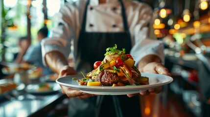 Modern food stylist decorating meal for presentation in restaurant. Closeup of food stylish. Restaurant serving. Close-up on the hand of a waiter carrying food