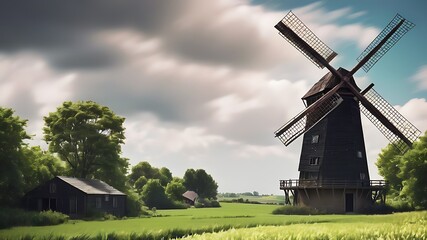 Obraz premium Old windmill in cloudy weather of a beautiful plain