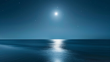 A photographic style of a sky and sea environment, clear night sky with bright stars and a full moon over a serene sea. The moonlight creates a shimmering path on the water's surface. Deep blue tones