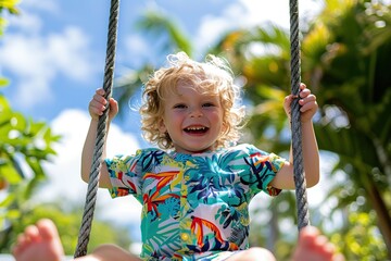 Child on a swing. Little 4 years child swinging in summer at sunset. Blond hair baby boy standing on a swing in a park, summer day. Smiling young kid enjoying the rope seesaw at playground outdoors.