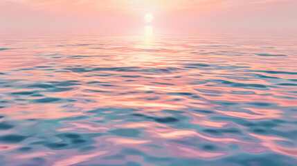 Fototapeta premium A photographic style of a sky and sea environment, dawn sky with pastel colors and a rising sun over a tranquil sea. The water is calm with gentle ripples, and the light is soft and warm. The
