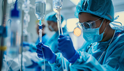 Medical Professionals Preparing IV Drips in Hospital Operating Room. Healthcare Surgical Workers