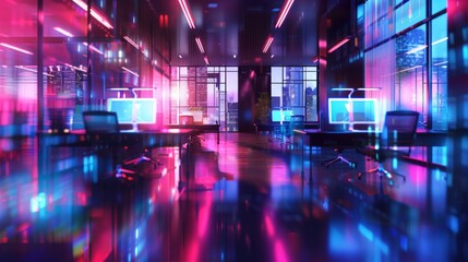 Modern neon cyberpunk open space office interior blurred with information technology overlay. Corporate strategy for finance, operations, marketing. Tables with computers for work. Technology