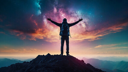 A lone person stands on top of a big mountain with hands towards the sky as to celebrate their achievement