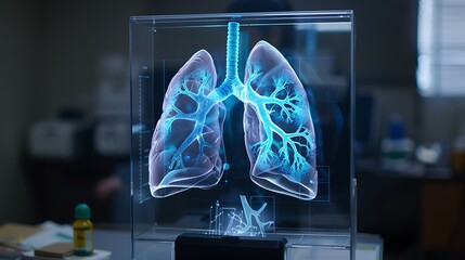 A 3D hologram of lungs demonstrating the breathing process in a medical classroom
