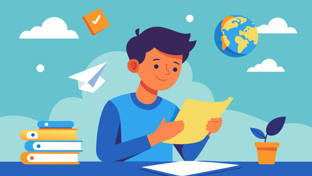 A student eagerly flipping through their notes during a study session determined to ace the Geography Bee and make their parents proud.. Vector illustration