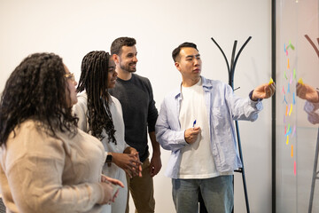 Creative team brainstorming ideas in a modern coworking space