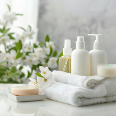 Spa still life with cosmetic products, towels and soap on white wooden table