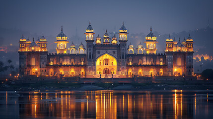 captivating image of Lahore Fort illuminated night majestic architecture ornate decoration glowing against dark sky fort UNESCO World Heritage site symbol of Lahore's rich cultural heritage testament 