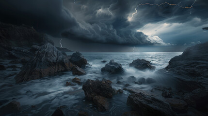 Fototapeta premium A photographic style of a stormy sky environment, dark storm clouds over a coastal landscape, with a raging sea below. The waves crash violently against the rocks. Lightning illuminates the scene