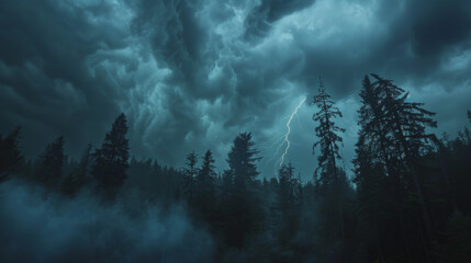 A photographic style of a stormy sky environment, twilight sky with dark thunderclouds and occasional lightning, over a dense forest. The trees are silhouetted against the stormy sky. A sense of