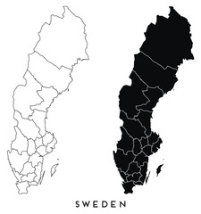 Sweden map of city regions districts vector black on white and outline